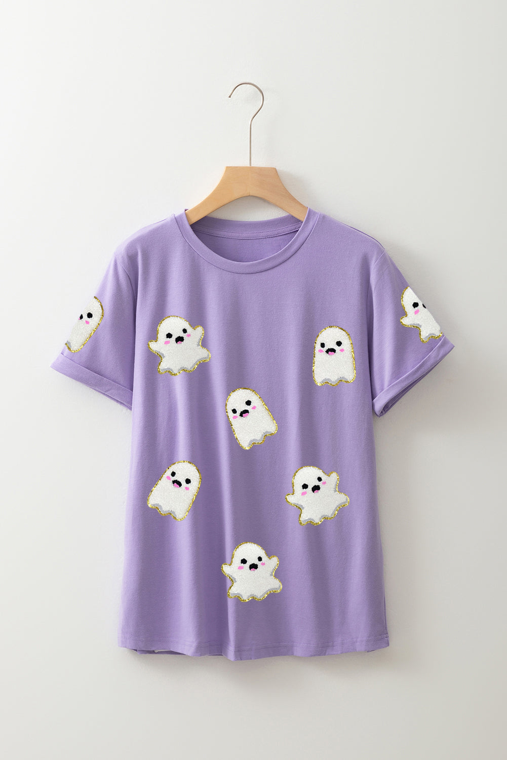 Wisteria Glitter Trim Chenille Ghost Patched Halloween Graphic Tee - KaleaBoutique.com