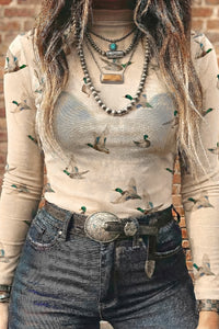 KaleaBoutique Stylish High Neck Western Print Mesh Sheer Long Sleeve Top - KaleaBoutique.com