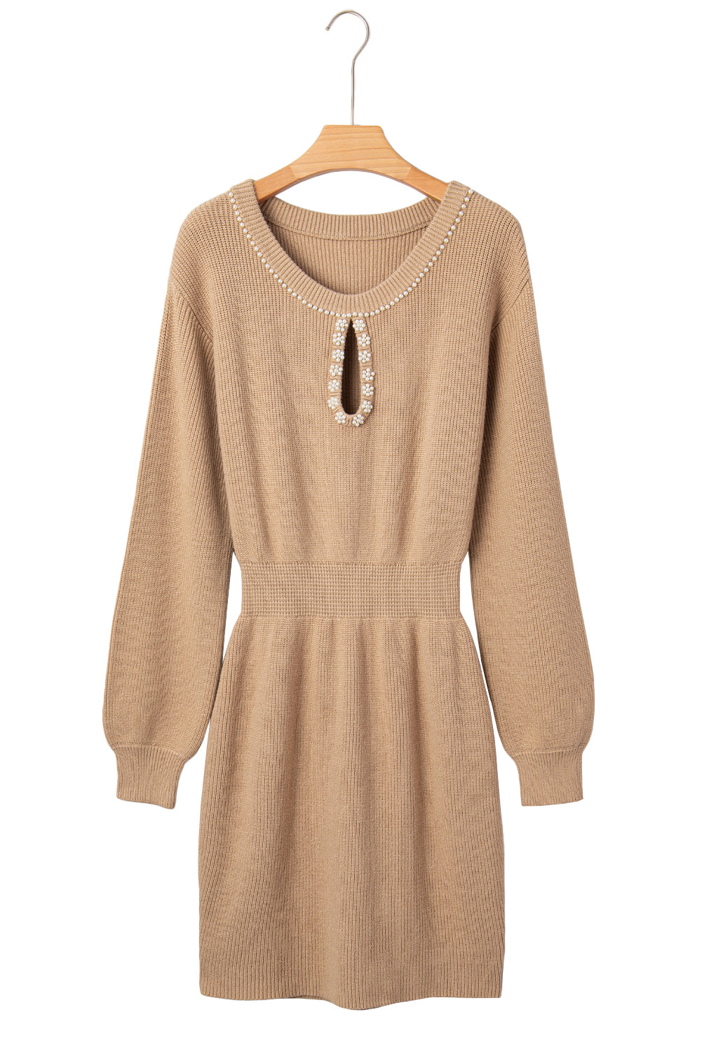 KaleaBoutique Stylish Pearl Embellished Keyhole Ribbed Sweater Dress - KaleaBoutique.com