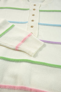 KaleaBoutique Rainbow Stripes Drop Shoulder Baggy Henley Sweater - KaleaBoutique.com