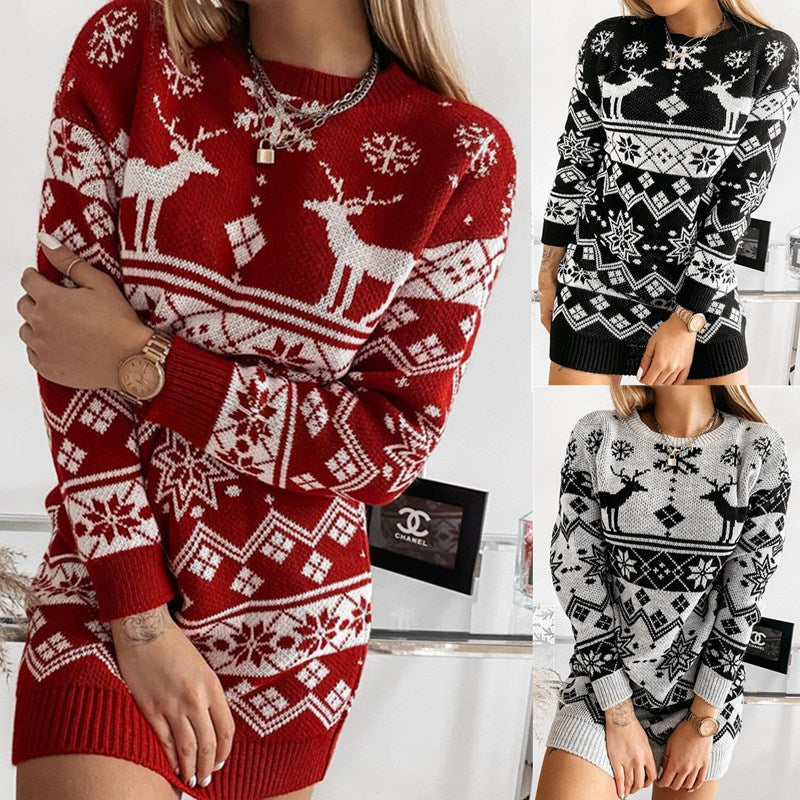 Women's Reindeer and Snowflake Christmas Sweater Dress - KaleaBoutique.com
