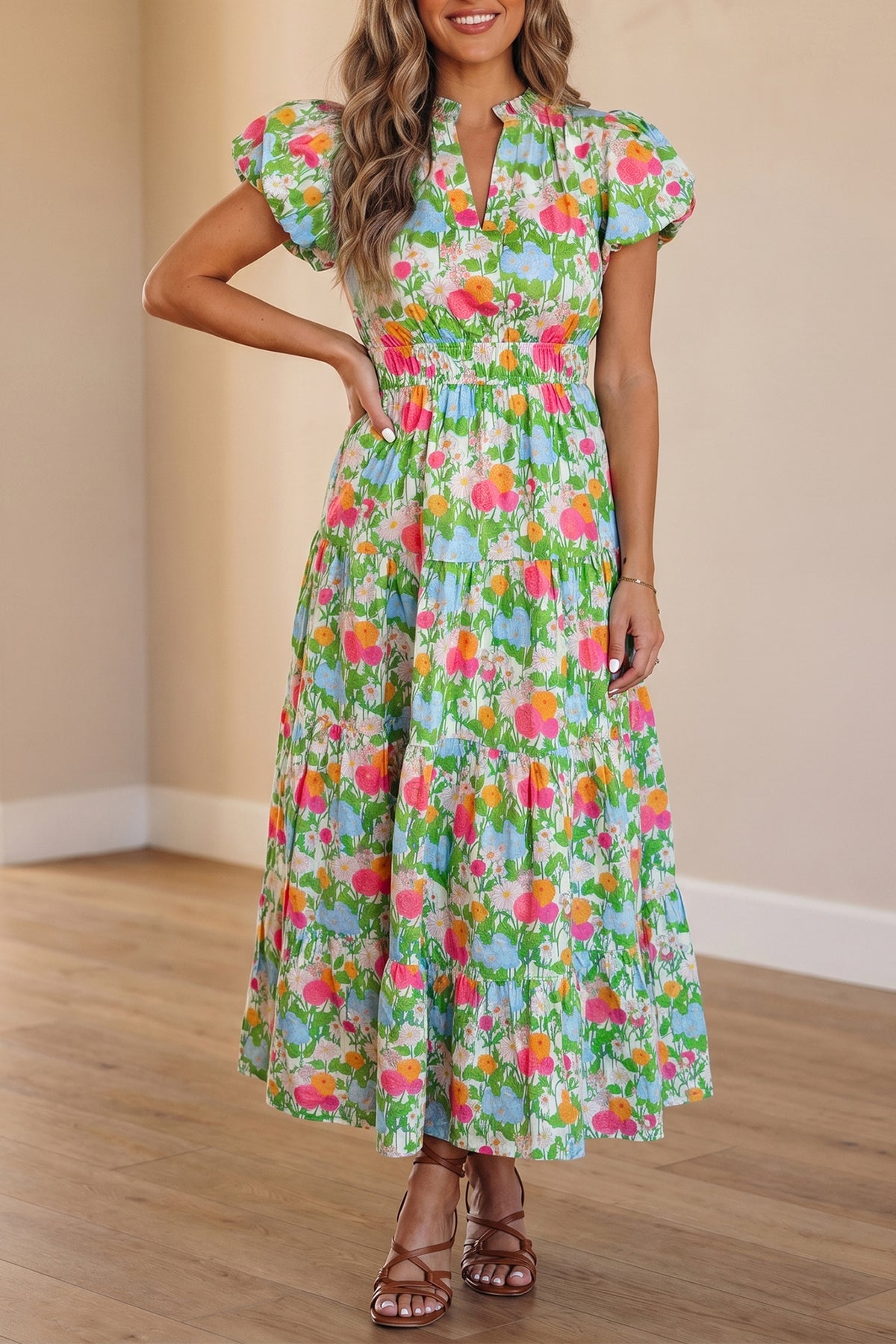 KaleaBoutique Comfortable Floral Print V Neck Short Puff Sleeve Cotton Maxi Dress - KaleaBoutique.com