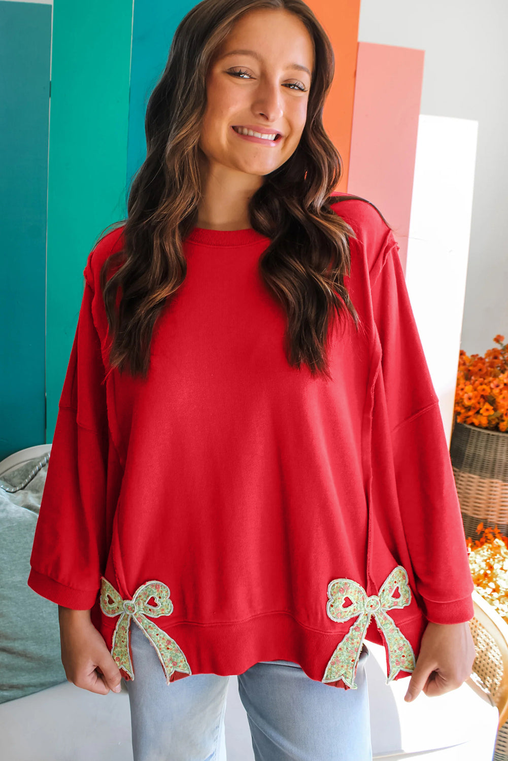 Floral Bow Patched Exposed Seam Patchwork Slit Baggy Sweatshirt - KaleaBoutique.com