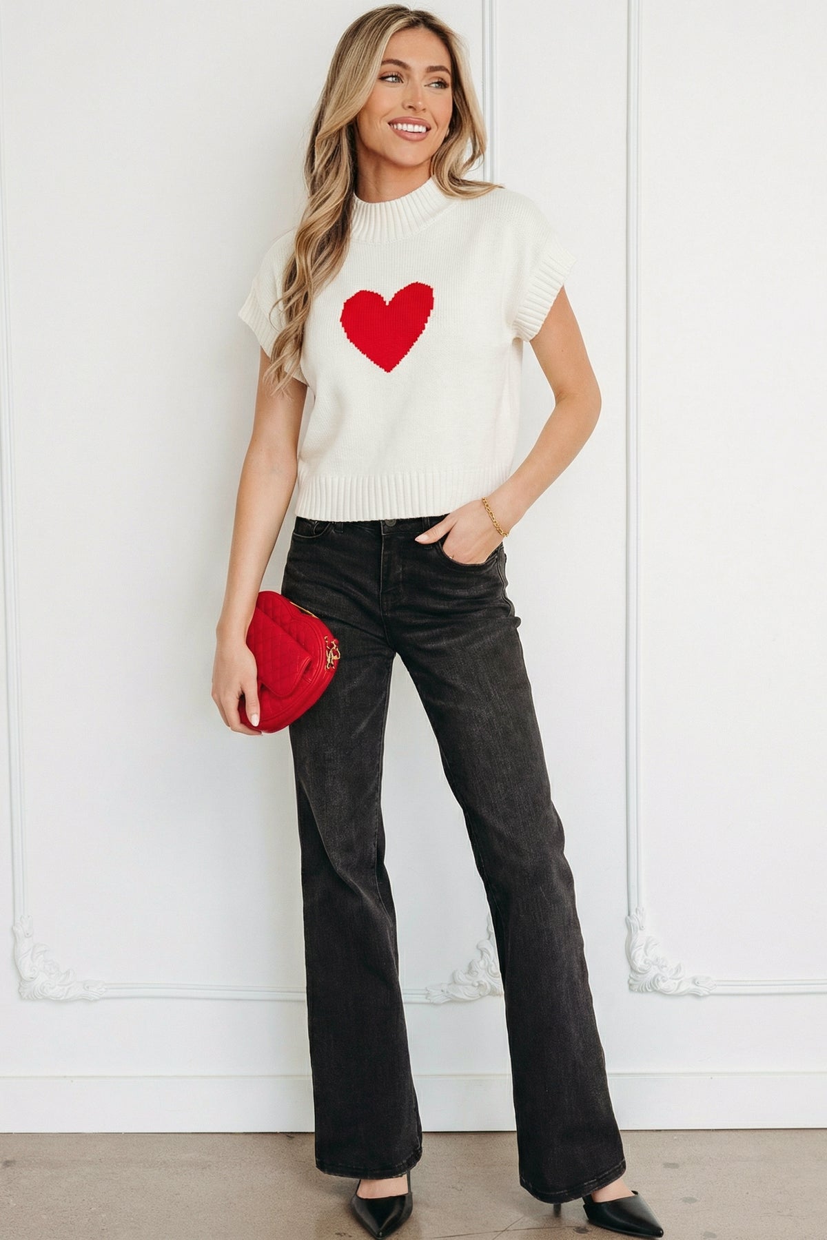 KaleaBoutique Stylish Valentine Heart Graphic Cropped Short Sleeve Sweater - KaleaBoutique.com