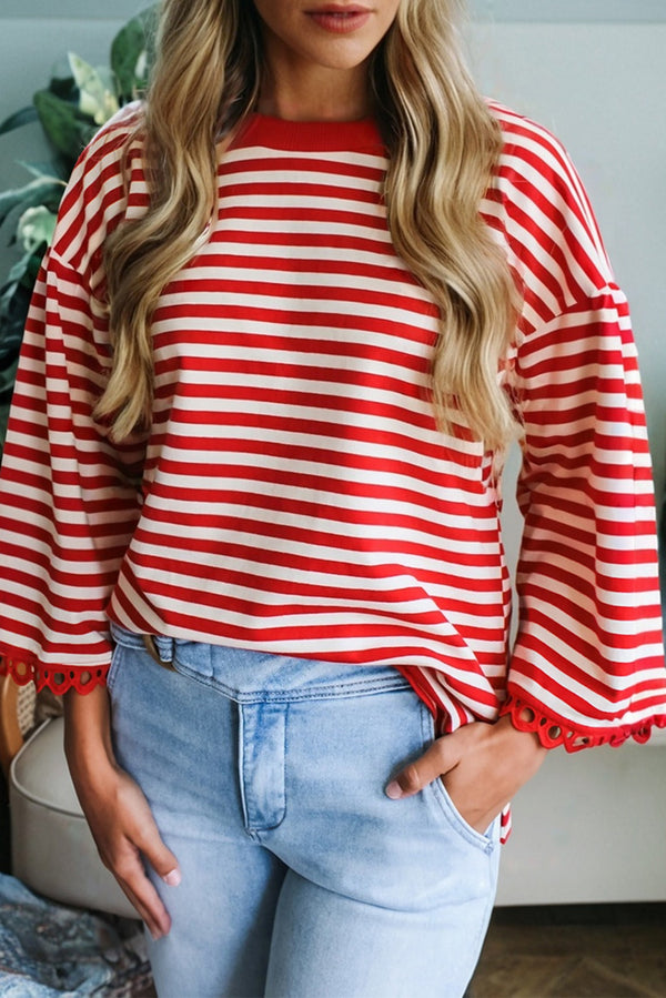 KaleaBoutique Stylish Striped Print Drop Shoulder Lace Trim Bracelet Sleeve Loose Top - KaleaBoutique.com