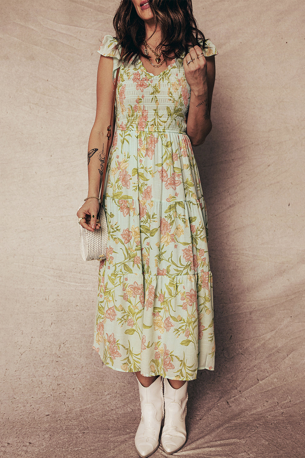 Smocked Bodice Ruffled Sleeveless Tiered Floral Maxi Dress - KaleaBoutique.com