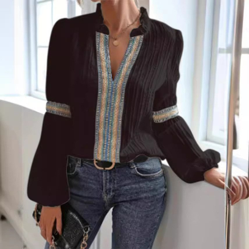 Simple Plain Lace V-neck Patchwork Shirt - KaleaBoutique.com