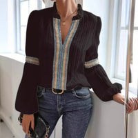 Simple Plain Lace V-neck Patchwork Shirt - KaleaBoutique.com