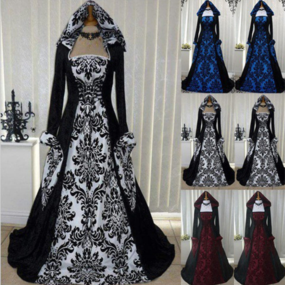 Halloween Dresses Retro Literary Long-sleeved Lace-up Waist Hooded Big Swing Dress - KaleaBoutique.com