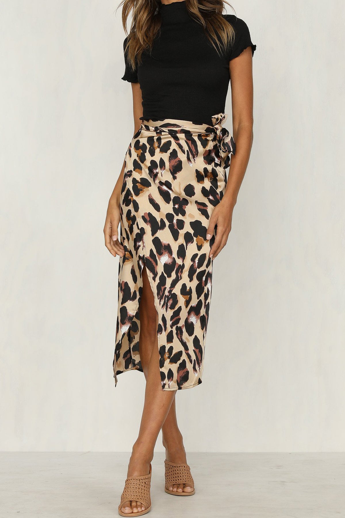 Women's Leopard Print Tie-Waist Slit Midi Skirt - KaleaBoutique.com