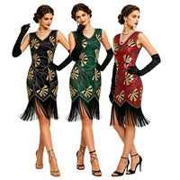 Women's Vintage V-Neck Sequin Tassel Evening Dress - KaleaBoutique.com