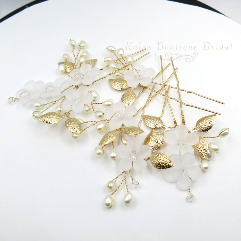 White Flower 5 PC Wedding Hairpin Set, Bridal Floral Wire Hair Pins, Pearl Branch Floral Hairpin Headpiece Set - KaleaBoutique.com