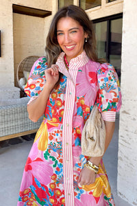 KaleaBoutique Stylish Floral Print Striped Trim Button Down Short Sleeve Vacation Dress - KaleaBoutique.com