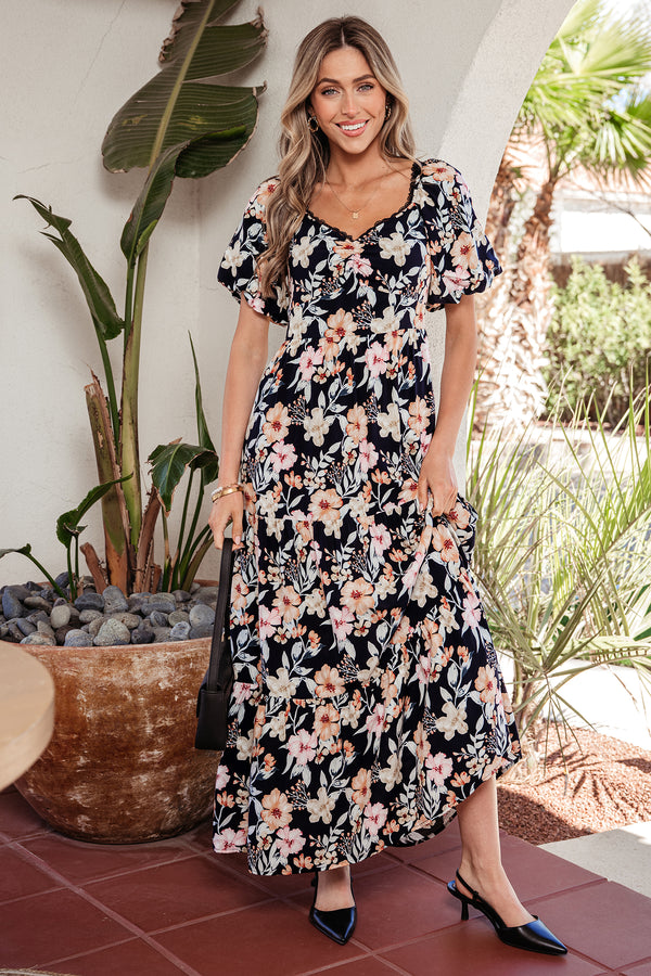 KaleaBoutique Comfortable Short Sleeve Smocked Detail High Waist Floral Maxi Dress - KaleaBoutique.com