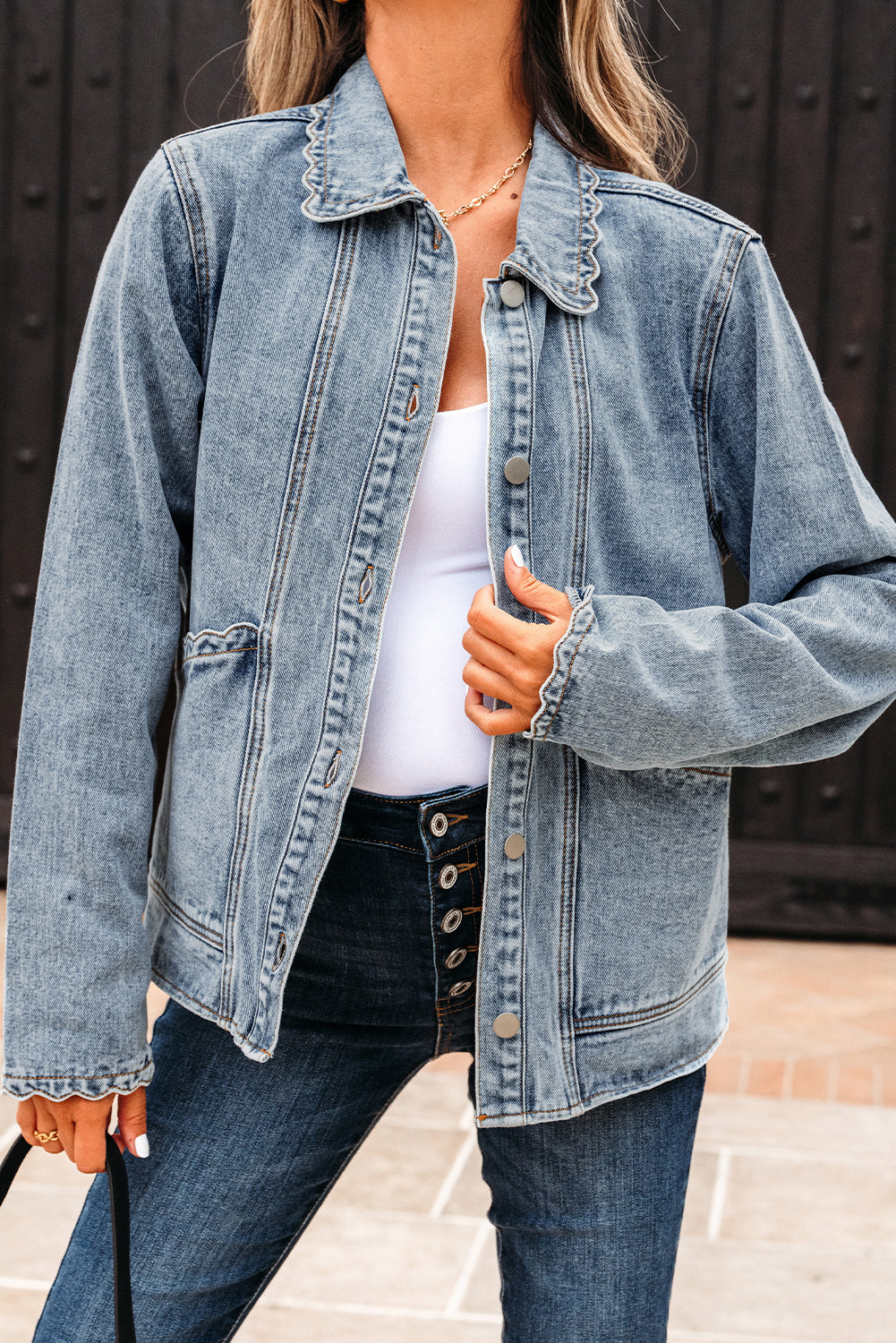 Scallop Trim Collar Patched Pocket Button Up Mineral Washed Denim Jacket - KaleaBoutique.com