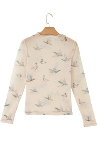 KaleaBoutique Stylish High Neck Western Print Mesh Sheer Long Sleeve Top - KaleaBoutique.com