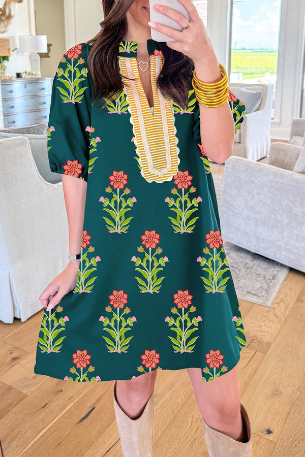 KaleaBoutique Comfortable Floral Print Contrast Trim Striped Patchwork Short Sleeve Dress - KaleaBoutique.com
