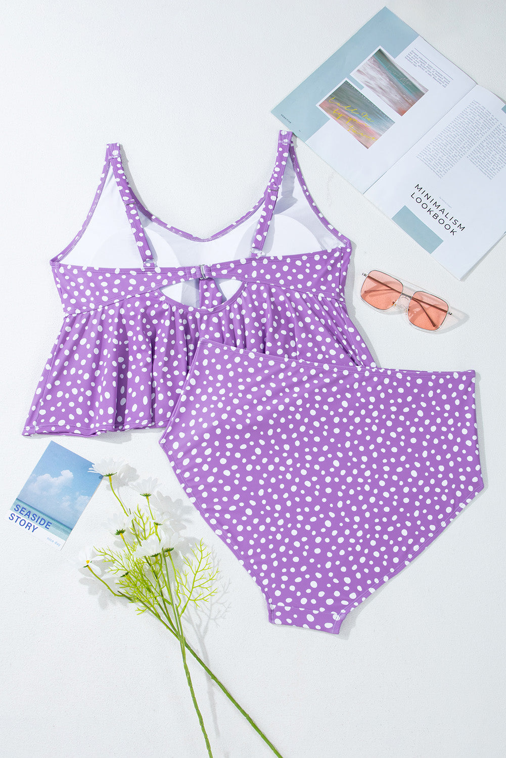 Plus Size Polka Dot Print Ruffled Knotted V Neck Tankini Set - KaleaBoutique.com