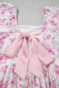 KaleaBoutique Stylish Floral Print Square Neck Ribbon Knot Back Cute Mini Dress - KaleaBoutique.com