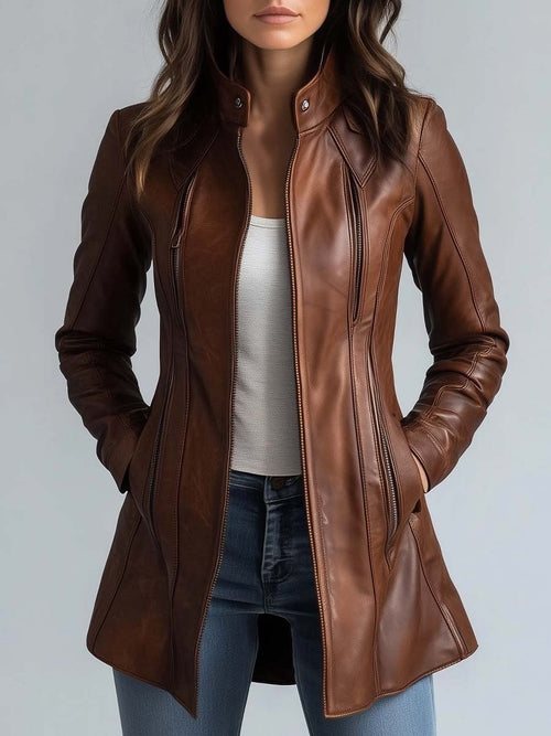 KaleaBoutique Women's Brown Stand-Collar Faux-Leather Jacket - KaleaBoutique.com