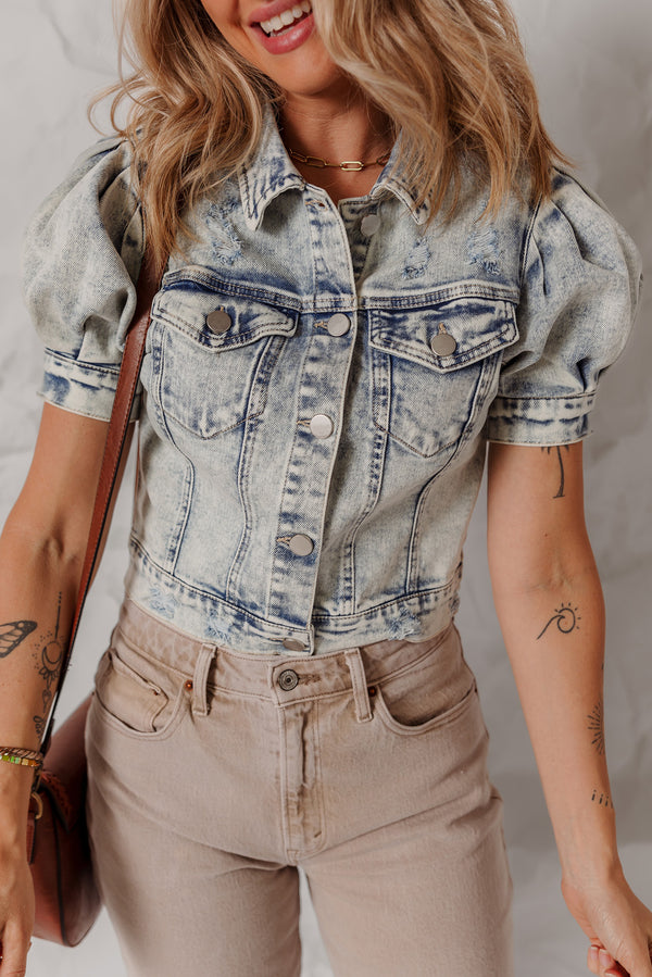 Light Wash Buttoned Chest Pocket Puff Sleeve Denim Jacket - KaleaBoutique.com