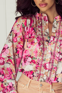 KaleaBoutique Floral Print Ruffled Stitch Buttoned Loose Fit Shirt - KaleaBoutique.com
