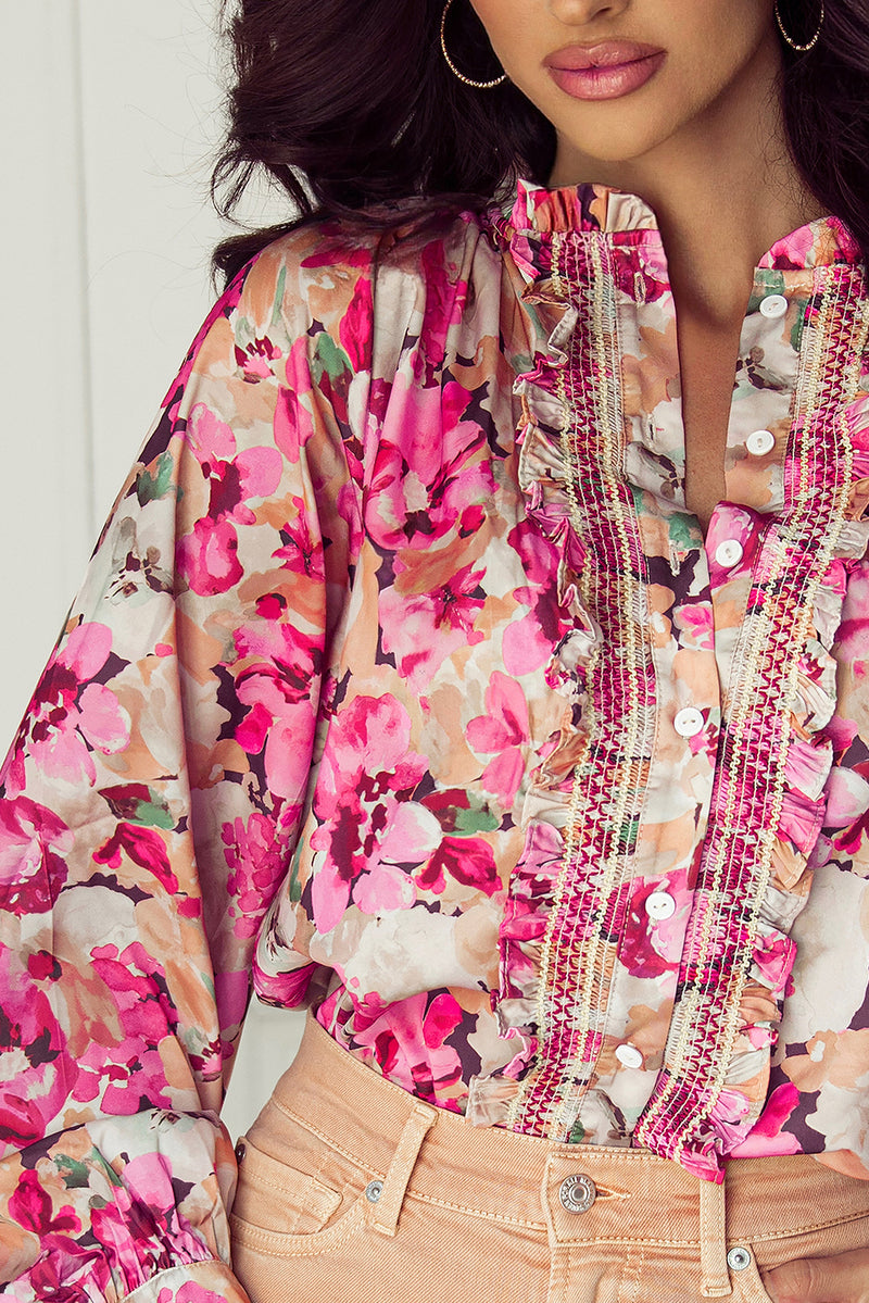 KaleaBoutique Floral Print Ruffled Stitch Buttoned Loose Fit Shirt - KaleaBoutique.com