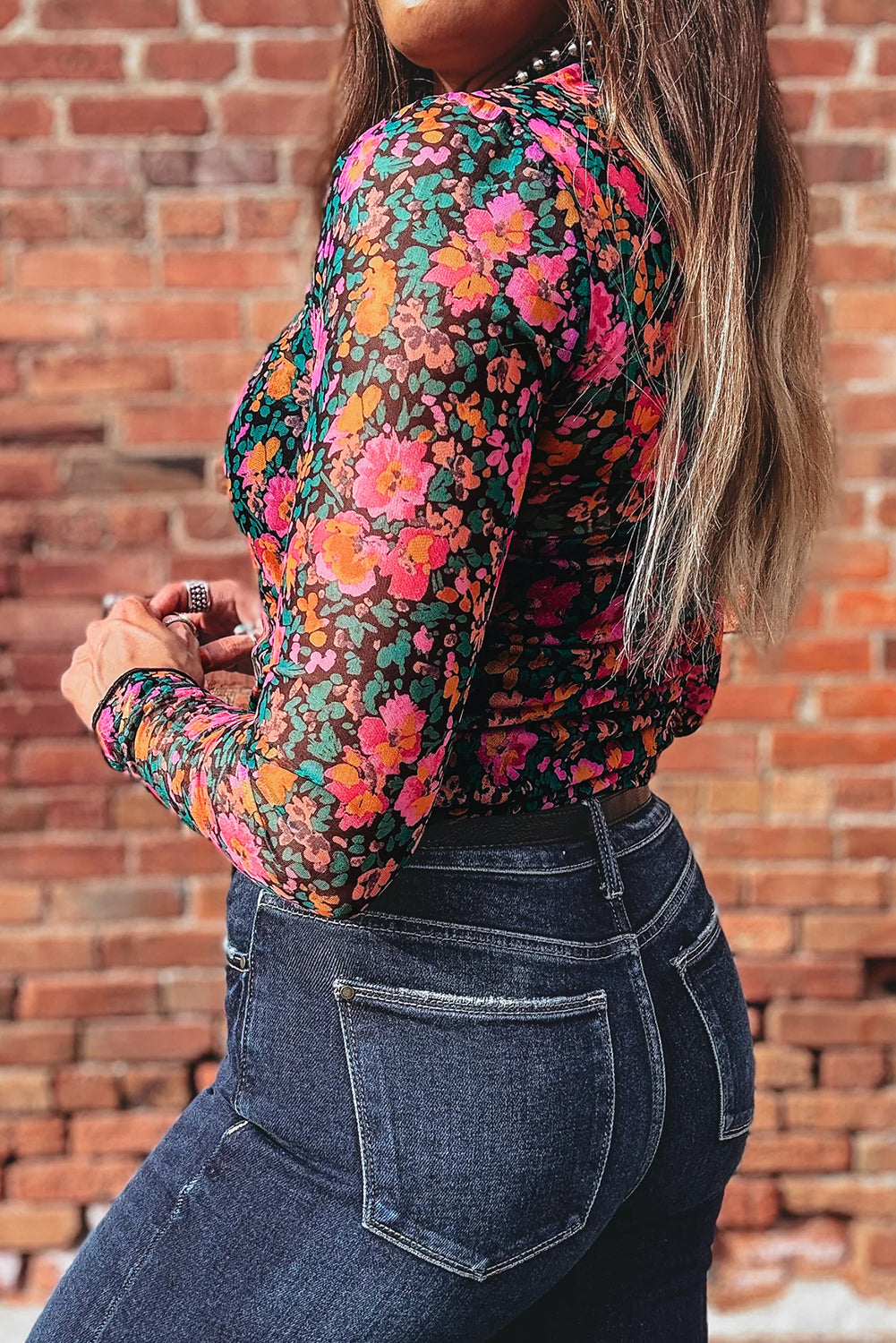 KaleaBoutique Stylish Slim Fit Floral Mesh Long Sleeve Mock Neck Top - KaleaBoutique.com