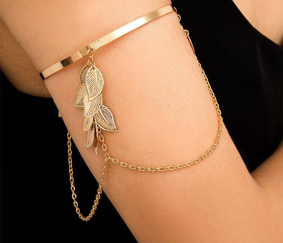 Leaf and Chain Arm Cuff Fashion Exotic Bangle Bracelet, Prom Party Boho Bridal Vacation Arm Wrap Bracelet Jewelry - KaleaBoutique.com