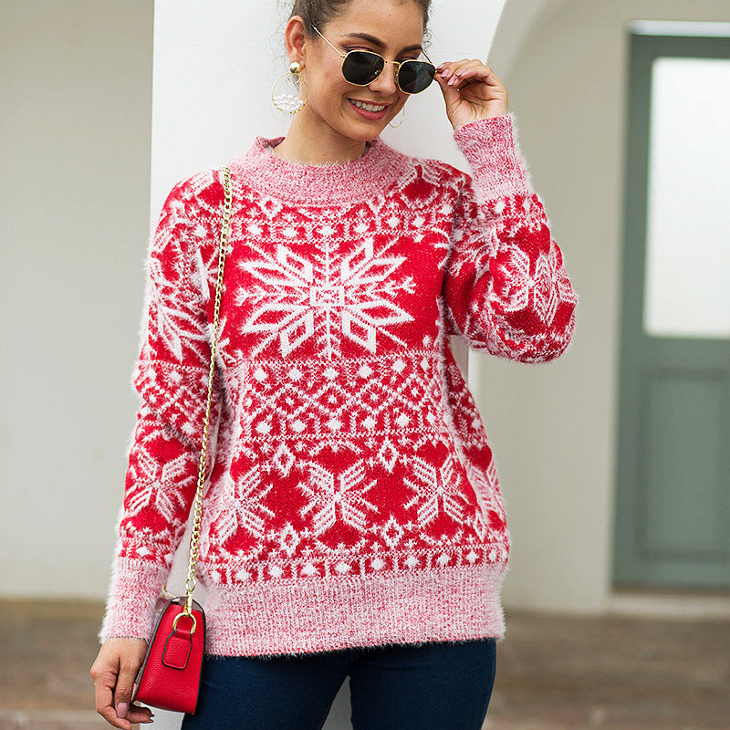 Women's Christmas Snowflake Crewneck Pullover Sweater - KaleaBoutique.com