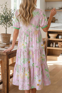 KaleaBoutique Comfortable Floral Print Short Puff Sleeve High Waist Tiered Maxi Dress - KaleaBoutique.com