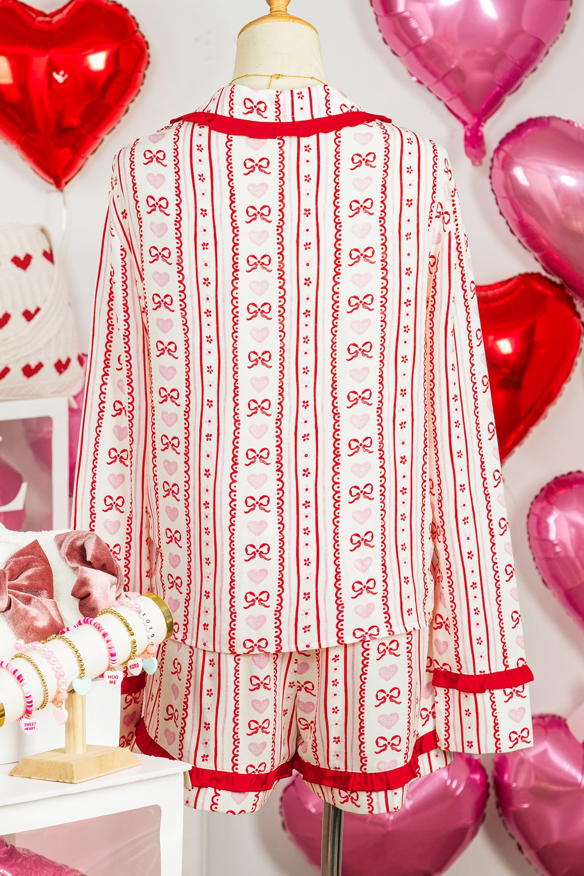 KaleaBoutique Stylish Sweet Floral Heart Bow Print Contrast Trim Long Sleeve Shirt Pajama Short Set - KaleaBoutique.com