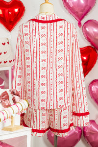 KaleaBoutique Stylish Sweet Floral Heart Bow Print Contrast Trim Long Sleeve Shirt Pajama Short Set - KaleaBoutique.com