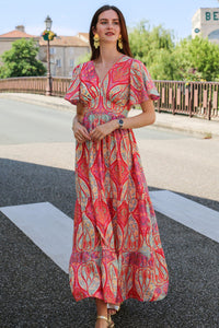 KaleaBoutique Comfortable Paisley Print V-Neck Short Sleeve Boho Maxi Dress with Ruffle Details - KaleaBoutique.com