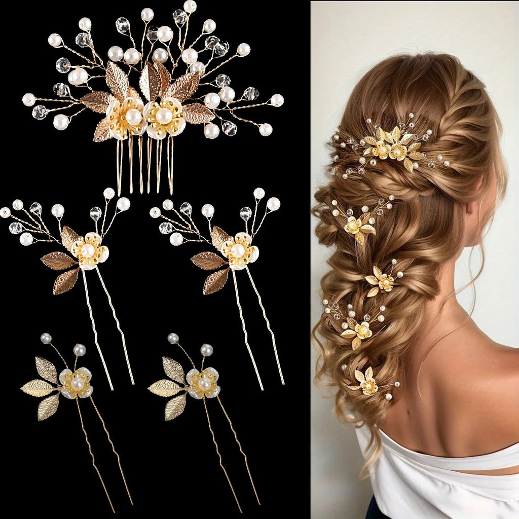 Gold Flower Hairpins 4 PC Set or Bridal Pearl Hair Comb, Bridesmaid U-Shaped Floral Hairpins and Crystal Hair Comb - KaleaBoutique.com