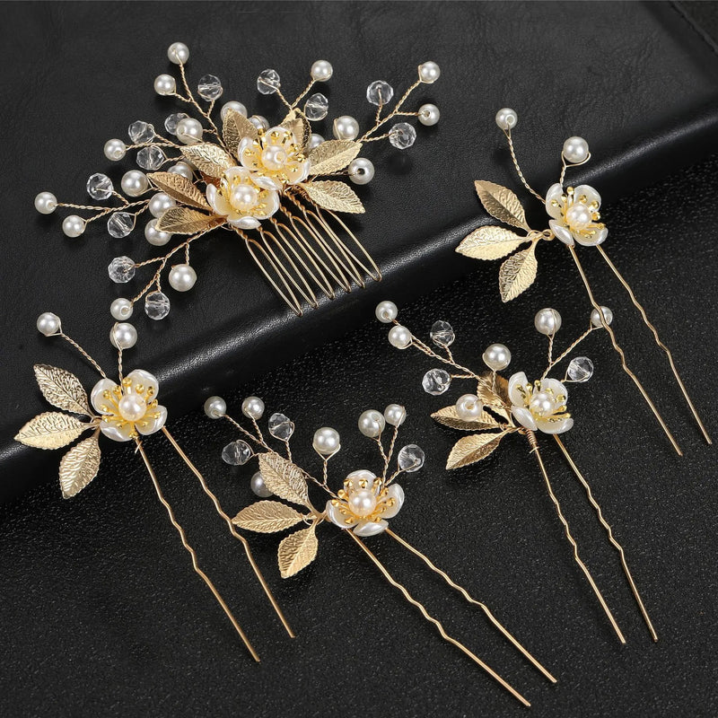 Gold Flower Hairpins 4 PC Set or Bridal Pearl Hair Comb, Bridesmaid U-Shaped Floral Hairpins and Crystal Hair Comb - KaleaBoutique.com