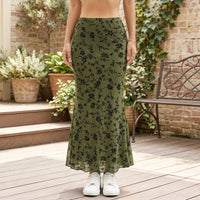 Women's Floral Print Sheer Overlay Fishtail Mermaid Midi Skirt