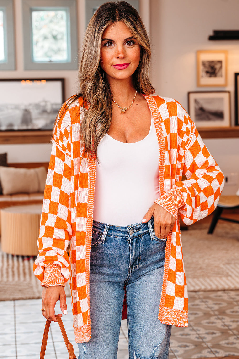 KaleaBoutique Stylish Checkered Open Front Drop Shoulder Cardigan - KaleaBoutique.com