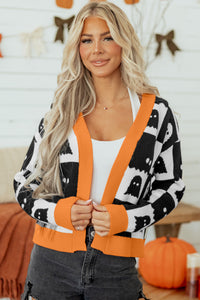 Black Geometric Ghost Print Knit Cardigan with Orange Trim - KaleaBoutique.com