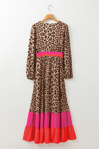 Leopard Color Block V Neck Loose Fit Maxi Dress - KaleaBoutique.com