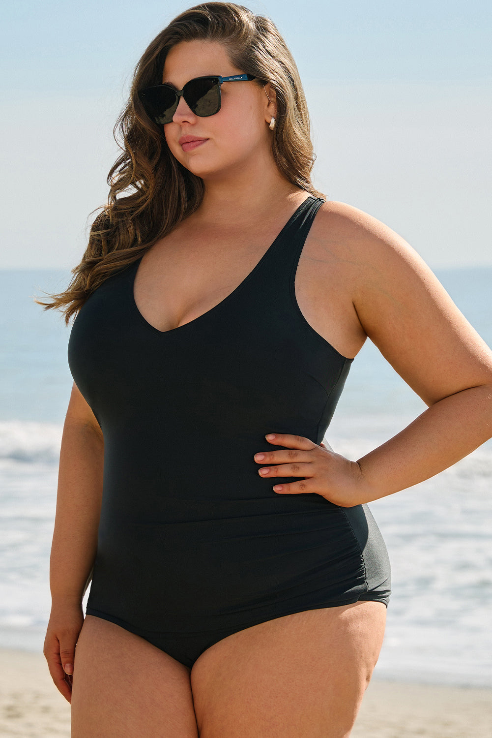 Solid Color U Neck Padded Plus Size One Piece Swimsuit - KaleaBoutique.com
