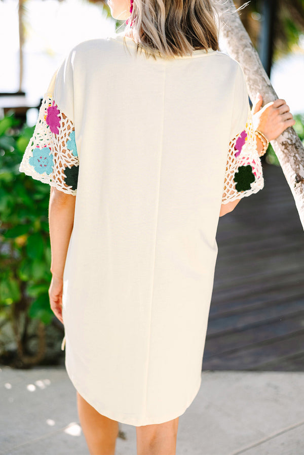 KaleaBoutique Stylish Floral Crochet Splicing Sleeve T Shirt Dress - KaleaBoutique.com