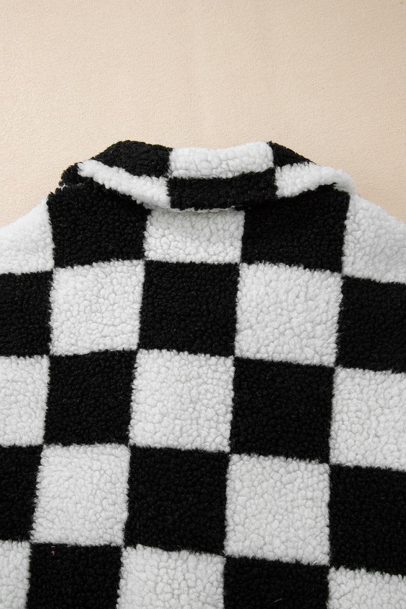 KaleaBoutique Checkered Side Pockets Collared Buttoned Fleece Jacket - KaleaBoutique.com