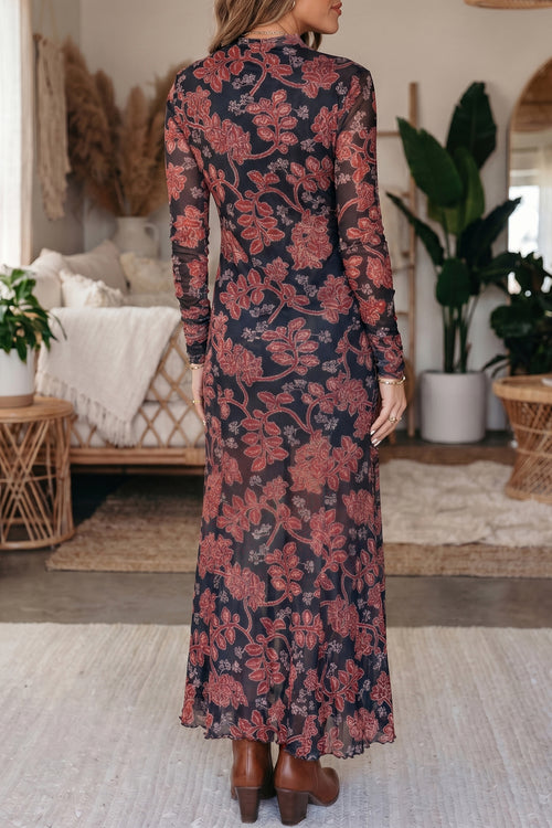 KaleaBoutique Stylish Retro Floral Print Long Sleeve Casual Mesh Dress - KaleaBoutique.com