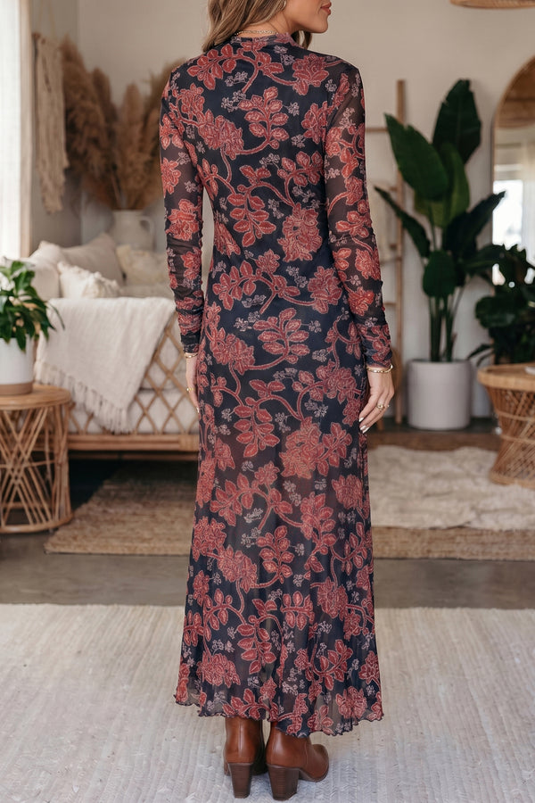 KaleaBoutique Stylish Retro Floral Print Long Sleeve Casual Mesh Dress - KaleaBoutique.com