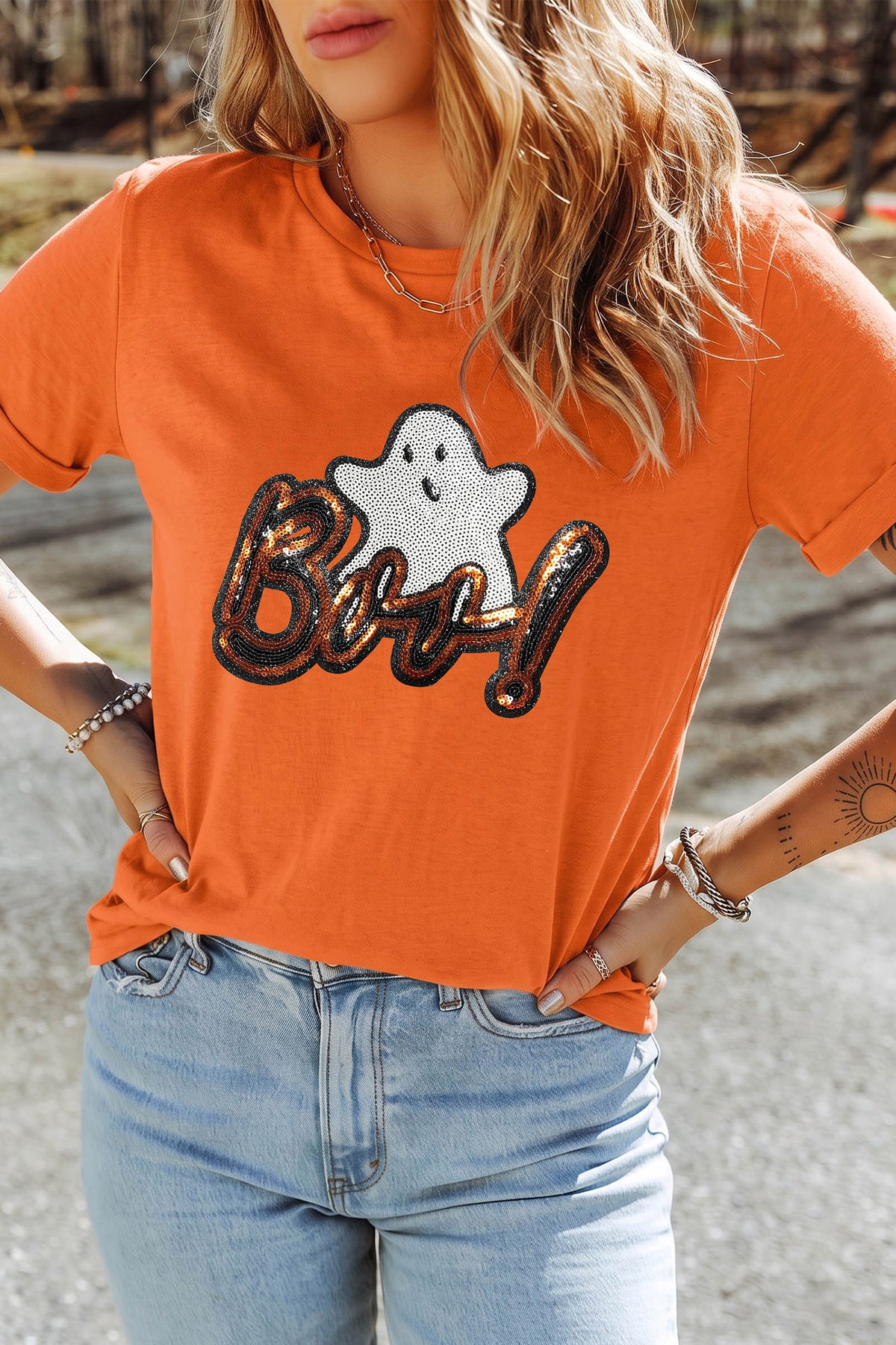 Orange Sequin Ghost Halloween Short Sleeve Graphic Tee - KaleaBoutique.com