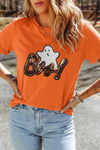 Orange Sequin Ghost Halloween Short Sleeve Graphic Tee - KaleaBoutique.com