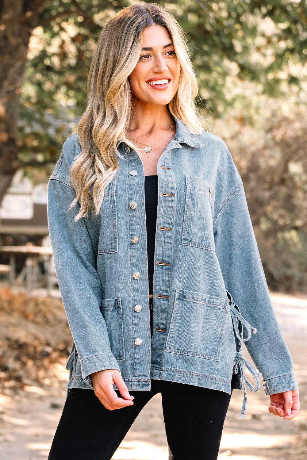 Multi Patched Pockets Side Tie up Boyfriend Style Denim Jacket - KaleaBoutique.com