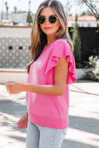 KaleaBoutique Stylish Solid Color Ribbed Trim Round Neck Ruffle Short Sleeve Sweater - KaleaBoutique.com
