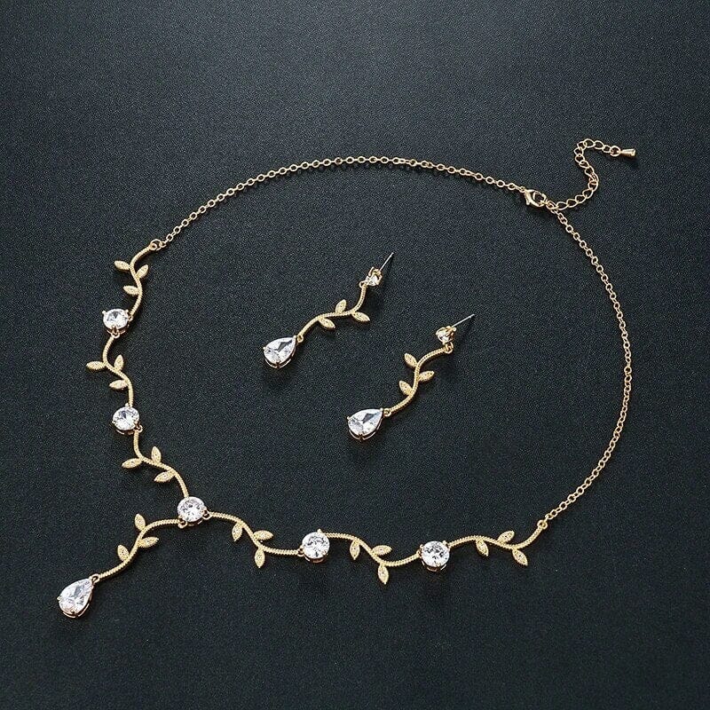 14K Gold Plated Bridal 3 PC Necklace Jewelry Set, Crystal Necklace, Wedding Floral Necklace and Tassel Earrings - KaleaBoutique.com